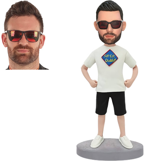 Custom Bobblehead Featuring Super Daddy in a T-Shirt with Engraved Text