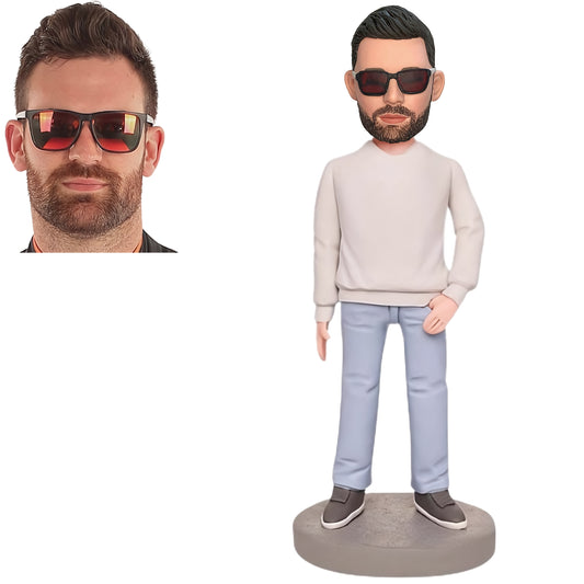 Custom Bobblehead: Casual Man Edition - This bobblehead features a casually dressed man and can be personalized with engraved text, making it a unique and customizable keepsake.