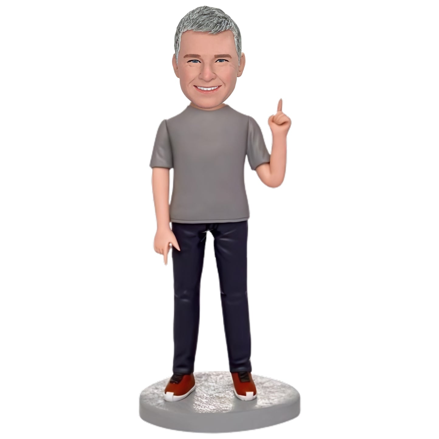 Custom Bobblehead: Grey Casual Man - A meticulously hand-sculpted bobblehead, personalized with your photo in grey casual clothes. A unique, handmade keepsake capturing your likeness.