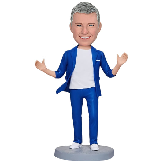 Custom Bobblehead of Joyful Businessman in Blue Suit with Personalized Engraved Text