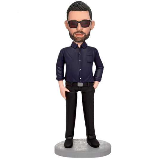 Custom Bobblehead Depicting Businessman in Black Suit with Custom Engraved Text