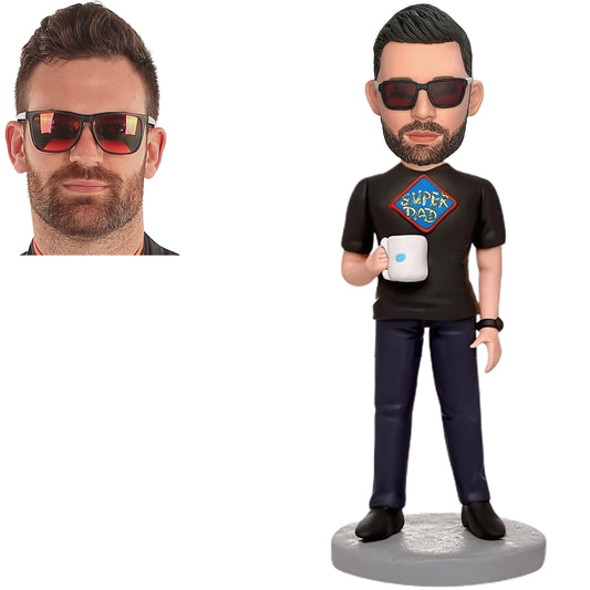 Custom Bobblehead of Super Dad Holding a Water Glass with Personalized Inscription