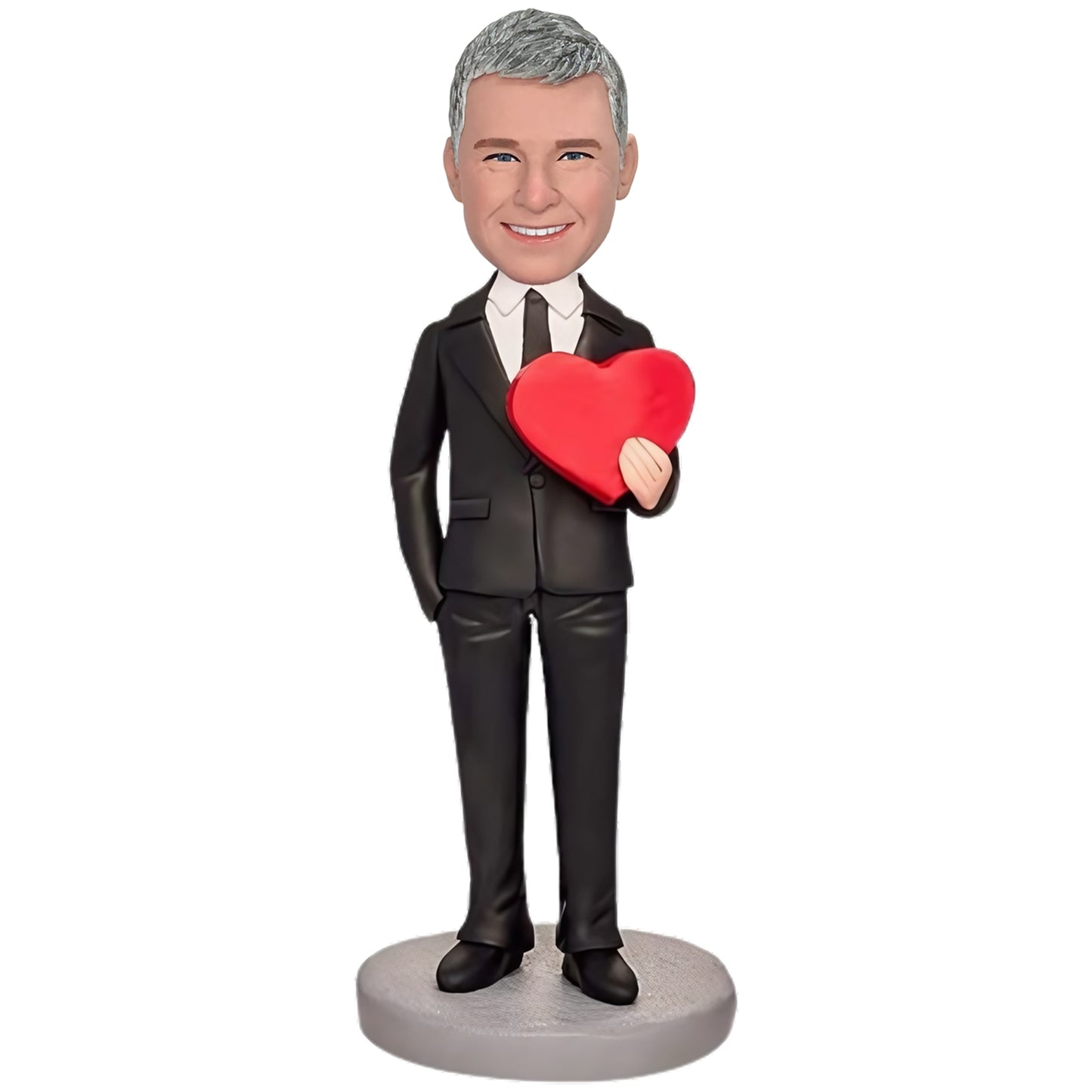 Custom Bobblehead: Man with Love Heart - This romantic bobblehead shows a man holding a love heart. Personalize it with engraved text for a unique gift that expresses your affection.