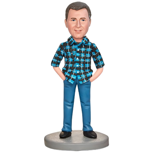 Custom Bobblehead: Plaid Man - A bobblehead showing a man in a plaid shirt, customizable with your message.