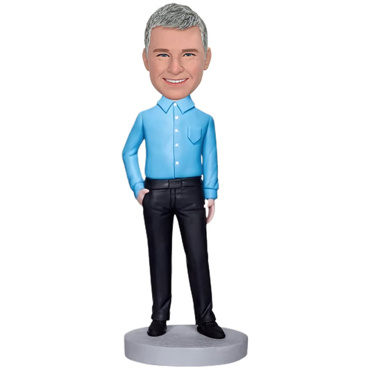 Custom Bobblehead for Executive Man Dressed in Blue Shirt With Etched Text