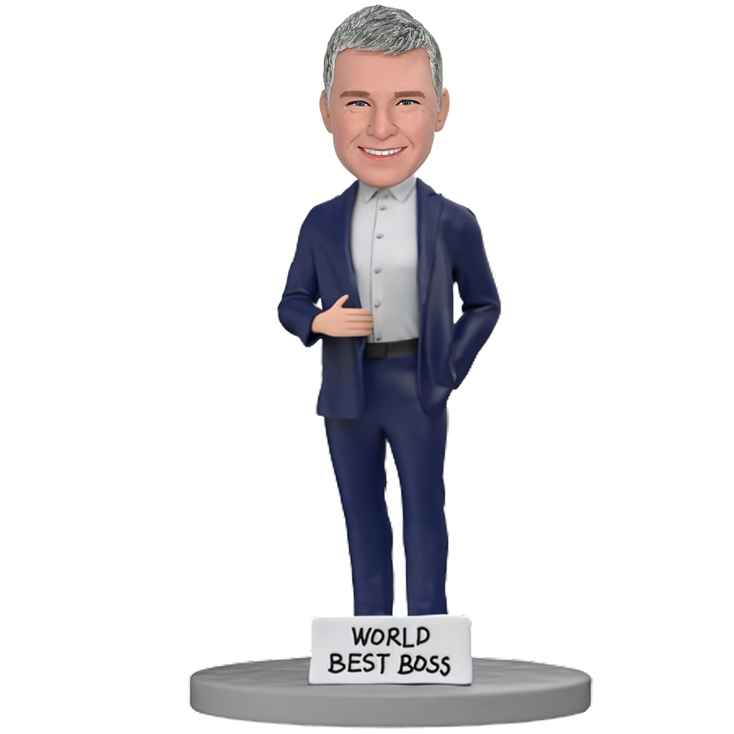 Custom Bobblehead of WORLD BEST BOSS in Blue Suit, Text Engraved