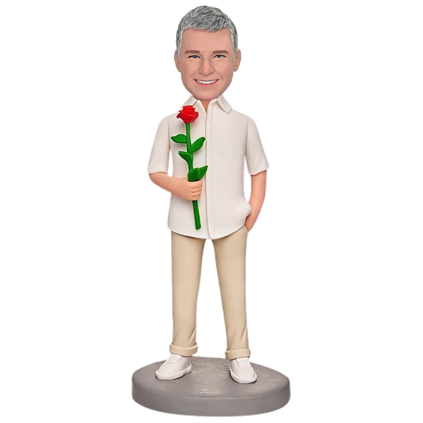 Custom Bobblehead: Man with Rose - This elegant bobblehead features a man gracefully holding a rose. Personalize it with engraved text to create a thoughtful and romantic gift.