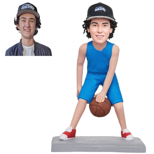 Custom Bobblehead: Blue Top Basketball Player - A stylish bobblehead featuring a hoops star in a blue jersey, ready to dominate the court. Perfect for basketball fans and collectors!