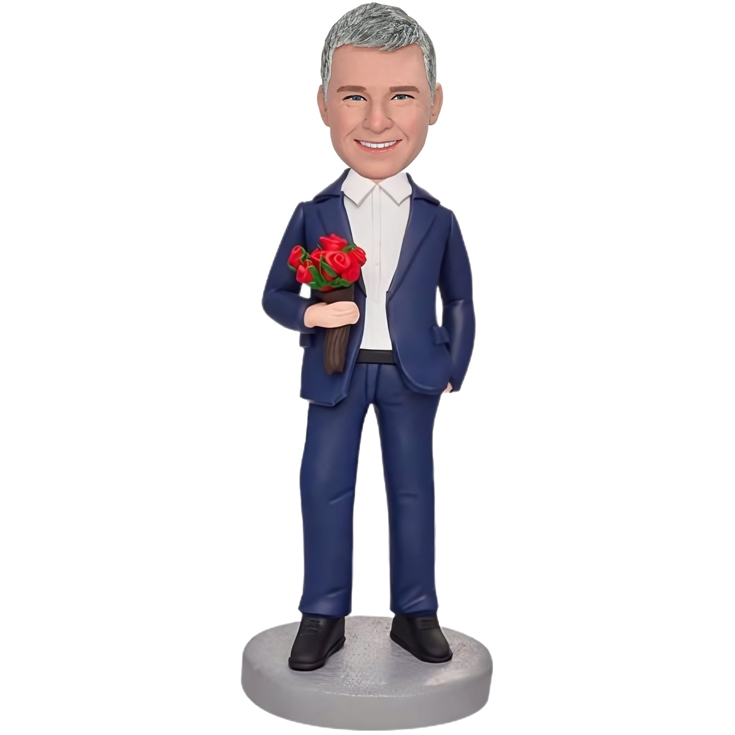 Custom Bobblehead: Man with Roses - A romantic bobblehead featuring a cool man clutching roses, customizable with your message.