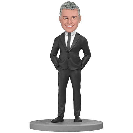 Custom Bobblehead of Corporate Gentleman in Dark Suit with Personalized Inscription