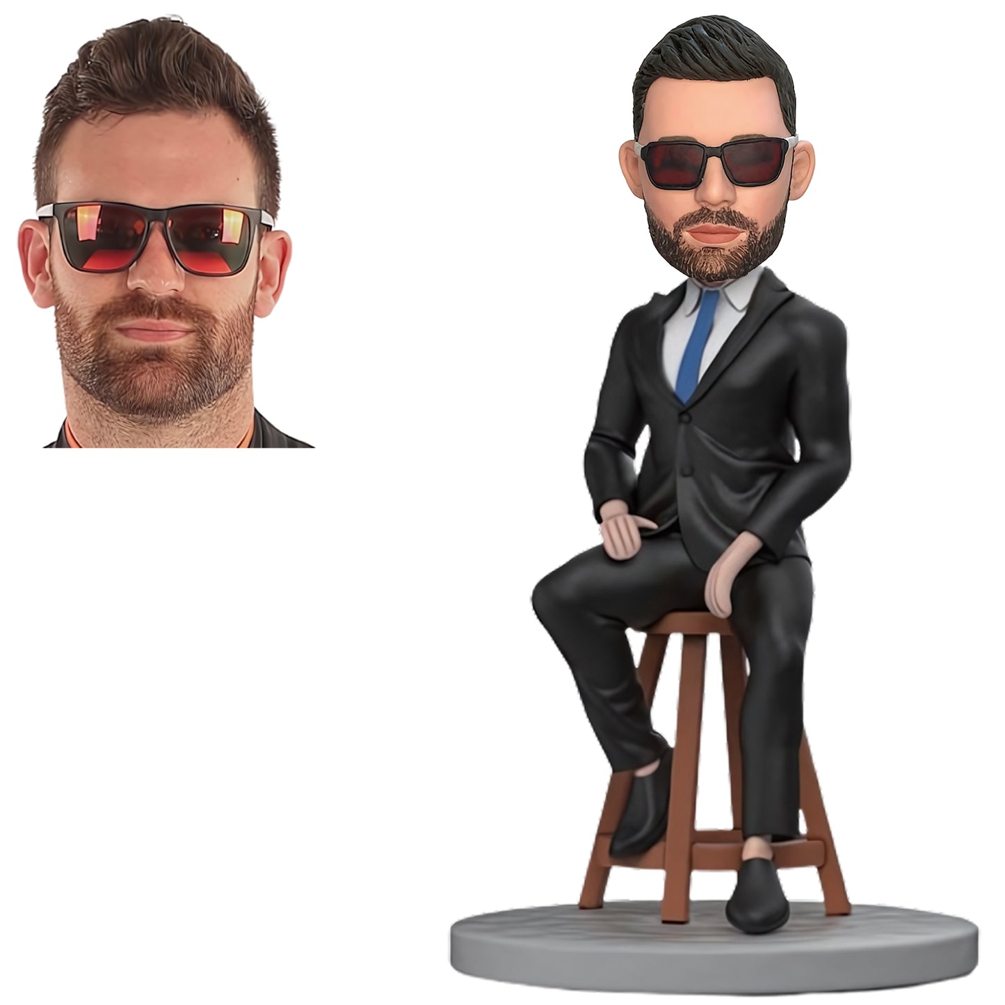 Custom Bobblehead of Seated Male Boss in Black Suit with Personalized Inscription