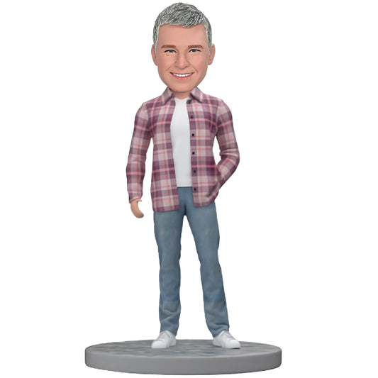 Custom Bobblehead: Casual Man in Plaid Shirt - A personalized bobblehead featuring a man in a classic plaid shirt, capturing a casual yet stylish look.