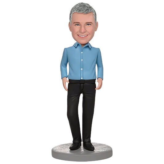 Custom Bobblehead of Corporate Man in Azure Shirt with Personalized Inscription