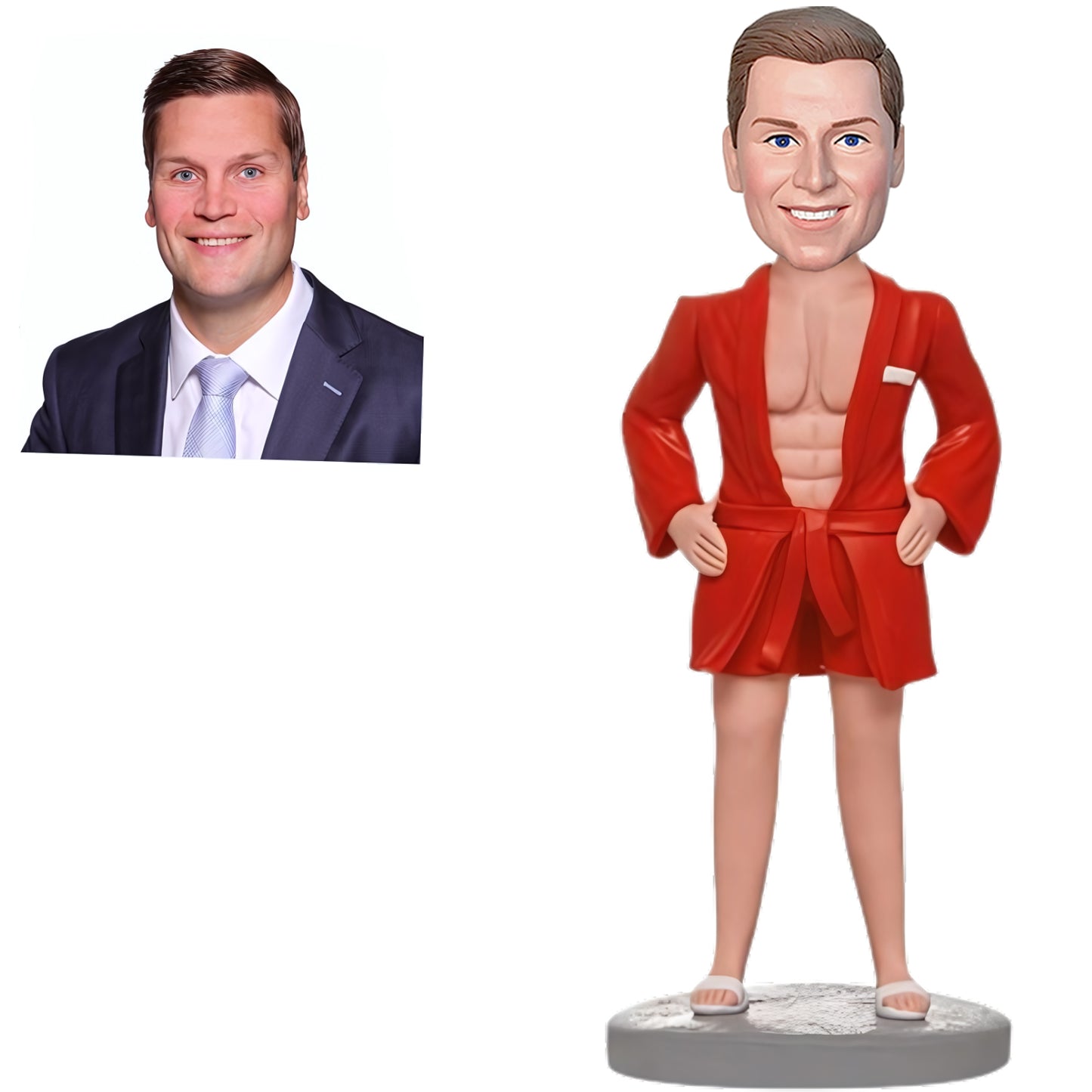 Custom Bobblehead: Man in Red Pajamas - A cozy bobblehead featuring a casual man in red pajamas, customizable with engraved text.