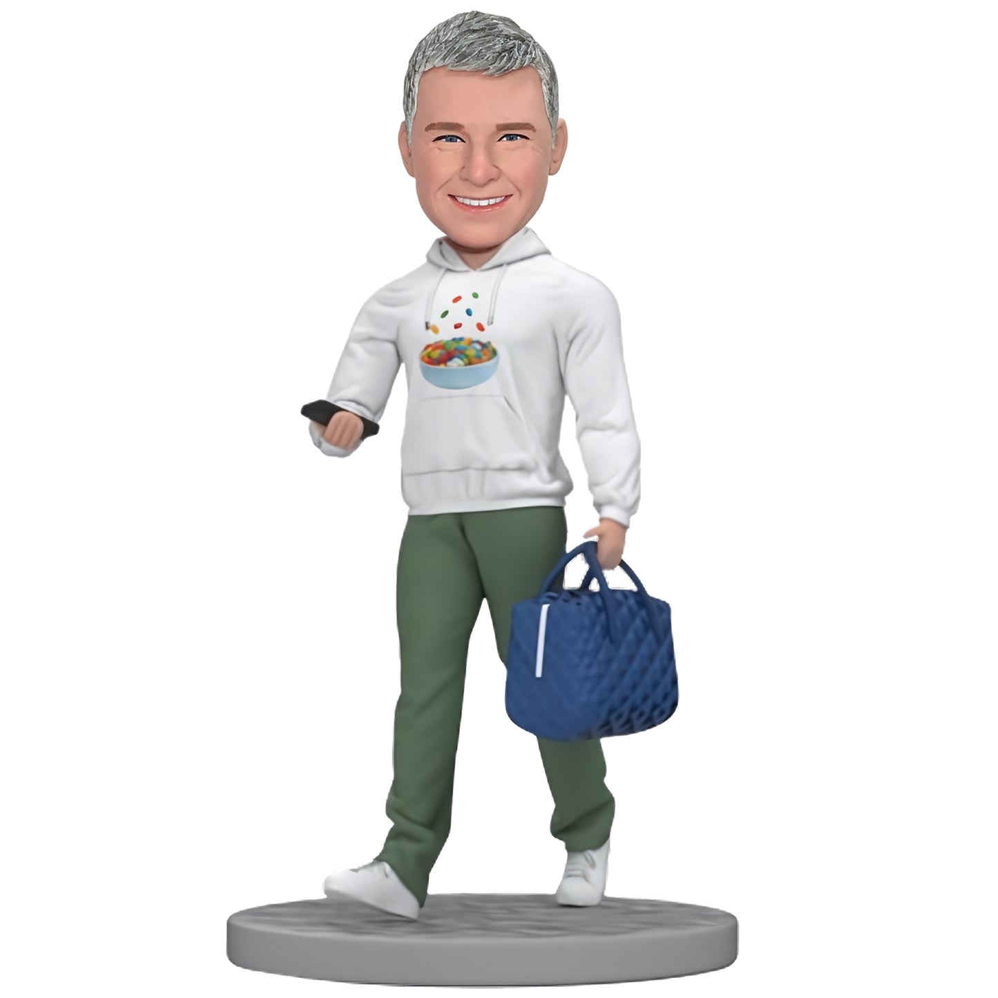 Custom Bobblehead: Man in White Sweater with Handbag - A stylish bobblehead, featuring a casual yet elegant look.