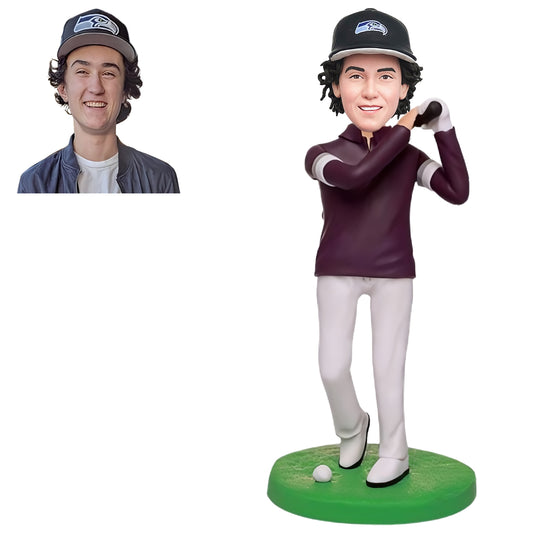 Custom Bobblehead: Golf Player - A stylish bobblehead featuring a golf star, ready to tee off and drive the ball down the fairway. Perfect for golf enthusiasts and collectors!