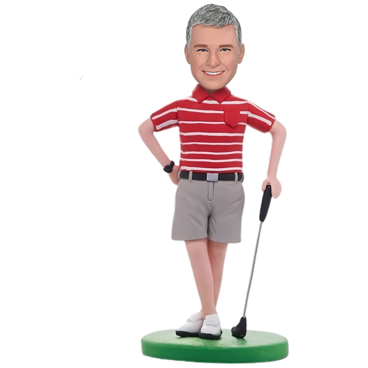 Custom Bobblehead: Golfer in Red Top Edition - A stylish collectible featuring a golfer in a vibrant red shirt, ready to tee off and conquer the green. Perfect for golf enthusiasts and sports memorabilia collectors!