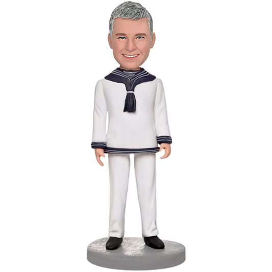 Custom Bobblehead: Sea-striped Shirt Man - This bobblehead features a man in a striped shirt, perfect for nautical or beach themes. Personalize it with engraved text for a unique gift.