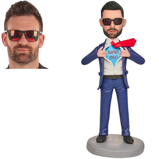 Custom Bobblehead of Man in Super Dad Outfit with Text Inscription