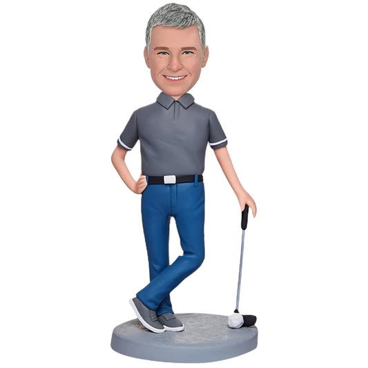 Custom Bobblehead: Unique Handcrafted Golfer - A meticulously hand-sculpted golfer bobblehead, teed up and ready to swing. The intricate craftsmanship and bobbling head bring this golf star to life!