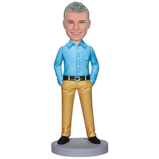 Custom Bobblehead of Managerial Male in Gold-Hued Trousers with Personalized Inscription