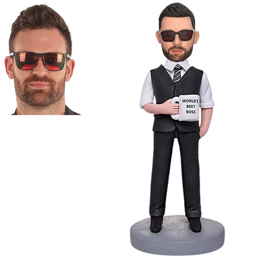 Custom Bobblehead Featuring Top-tier Boss Businessman With Water Glass - Comes With Personalized Text Engraving