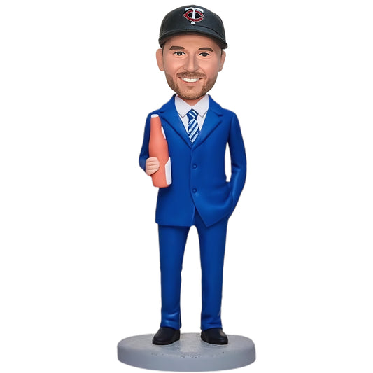 Custom Bobblehead of Beer-Drinking Businessman with Inscribed Message