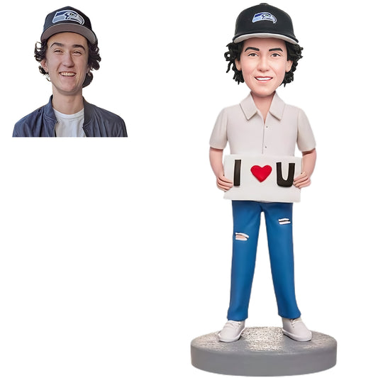 Custom Bobblehead: "I LOVE U" Man - A romantic bobblehead of a man with a custom "I LOVE U" heart message.