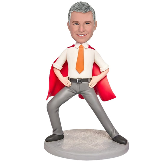 Custom Bobblehead of Business Men in Red Cape Suit, Text Engraved