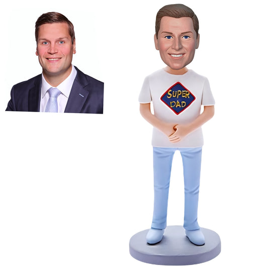 Super Dad in Casual Attire Customized Bobblehead with Personalized Text