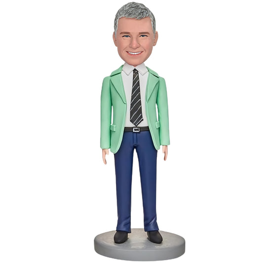 Custom Bobblehead of Business Man in Green Attire with Personalized Inscription